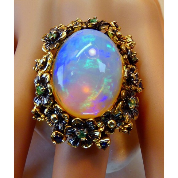 HUGE 26CT Ethiopian Welo Opal Emeralds- Blue Sapphires Sterling Silver Ring - Picture 11 of 11